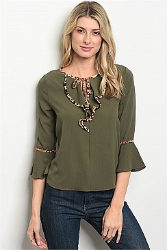 3/4 Sleeve Ruffled Leopard Print Blouse - Pack of 6 Pieces