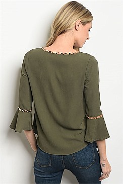 3/4 Sleeve Ruffled Leopard Print Blouse - Pack of 6 Pieces