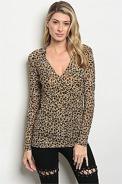 Long Sleeve V-neck Mesh Leopard Wrap Blouse - Pack of 6 Pieces