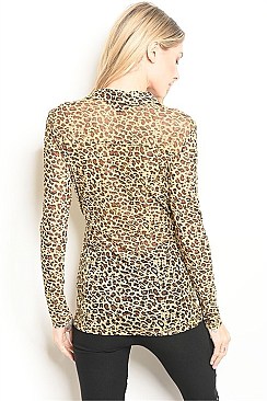 Long Sleeve V-neck Mesh Leopard Wrap Blouse - Pack of 6 Pieces