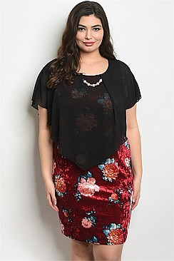 Plus Size Short Sleeve Neckline Detail Floral Velvet Dress - Pack of 6 Pieces