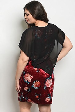 Plus Size Short Sleeve Neckline Detail Floral Velvet Dress - Pack of 6 Pieces