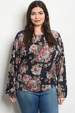 Plus Size Long Sleeve Bold Floral Top - Pack of 6 Pieces