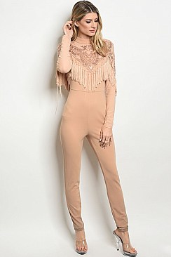 Long Sleeve Mock Neck Mesh Sequins and Fringe Jumpsuit - Pack of 6 Pieces
