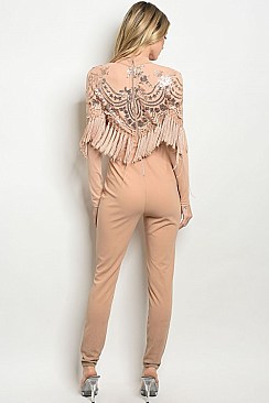 Long Sleeve Mock Neck Mesh Sequins and Fringe Jumpsuit - Pack of 6 Pieces