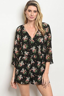 3/4 Sleeve V-neck Floral Print Romper - Pack of 6 Pieces