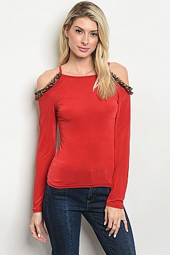 Long Sleeve Cold Shoulder Leopard Trim Top - Pack of 6 Pieces