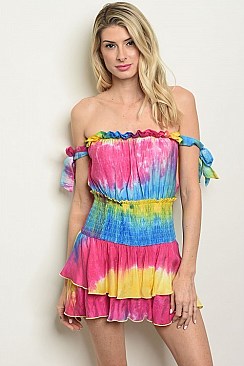 Short Sleeve Off The Shoulder Tie Dye Romper - Pack of 6 Pieces