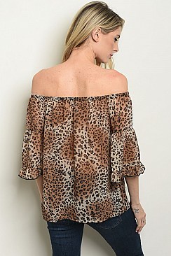 3/4 Sleeve Off the Shoulder Leopard Tunic Blouse - Pack of 6 Pieces