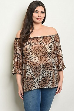 Plus Size 3/4 Sleeve Off The Shoulder Leopard Tunic Top - Pack of 6 Pieces