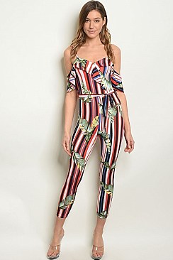 Cold Shoulder Floral Striped Jumpsuit - Pack of 6 Pieces