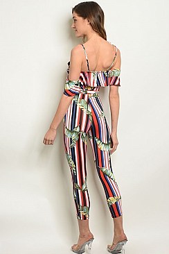 Cold Shoulder Floral Striped Jumpsuit - Pack of 6 Pieces