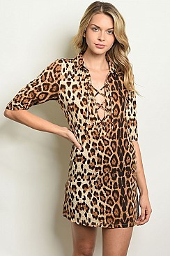 3/4 Sleeve Lace up Leopard Print Tunic Dress - Pack of 6 Pieces