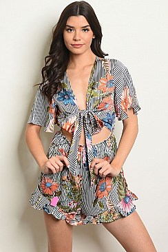 Short Sleeve V-neck Tie and Cut Out Detail Floral Ruffled Romper - Pack of 6 Pieces