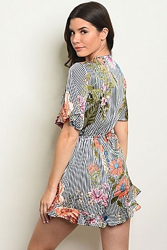 Short Sleeve V-neck Tie and Cut Out Detail Floral Ruffled Romper - Pack of 6 Pieces