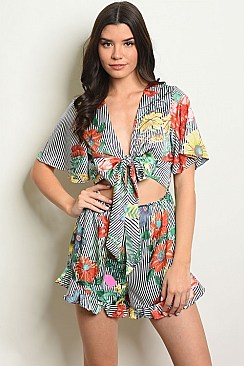 Short Sleeve V-neck Tie and Cut Out Detail Floral Ruffled Romper - Pack of 6 Pieces