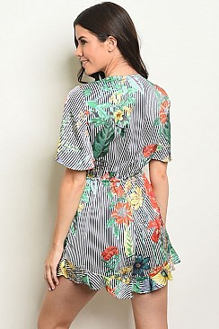 Short Sleeve V-neck Tie and Cut Out Detail Floral Ruffled Romper - Pack of 6 Pieces