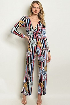 Long Sleeve Plunging Neckline Printed Jumpsuit - Pack of 6 Pieces