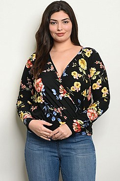 Plus Size Long Sleeve V-neck Floral Top - Pack of 6 Pieces