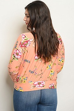 Plus Size Long Sleeve V-neck Floral Top - Pack of 6 Pieces