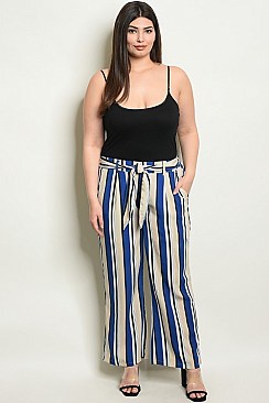 Plus Size Fitted Belted Waist Striped Pants - Pack of 6 Pieces