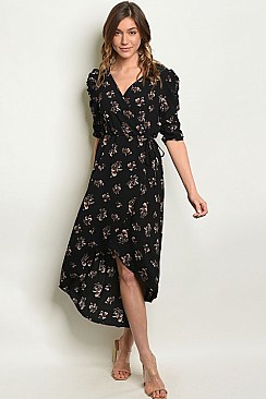 V-neck Floral Print Wrap Midi Dress - Pack of 6 Pieces