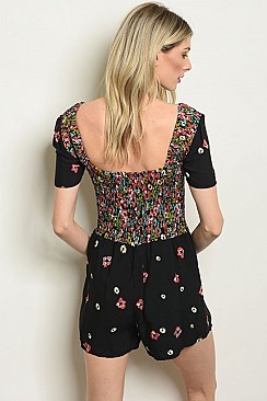 Short Sleeve Scoop Neck Floral Print Smocked Romper - Pack of 6 Pieces