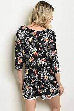 3/4 Sleeve V-neck Paisley Print Belted Romper - Pack of 6 Pieces