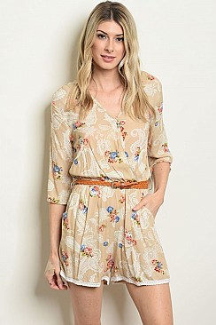3/4 Sleeve V-neck Paisley Print Belted Romper - Pack of 6 Pieces