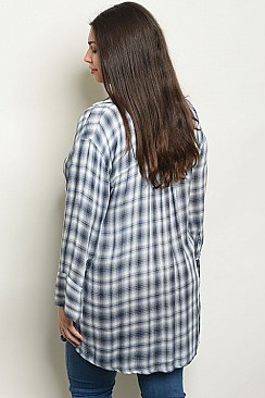 Plus Size Long Sleeve V-neck Plaid Tunic Top - Pack of 6 Pieces