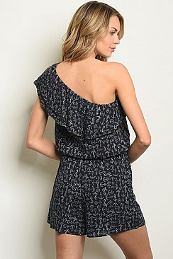 Sleeveless One Shoulder Ruffled Anchor Print Romper - Pack of 6 Pieces