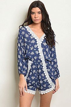 Long Sleeve V-neck Crochet Trim Floral Romper - Pack of 6 Pieces