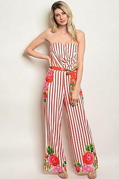 Sleeveless Tube Top Striped Floral Jumpsuit - Pack of 6 Pieces