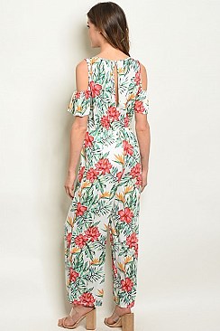 Short Sleeve Cold Shoulder Scoop Neck Tropical Floral Palm Print Jumpsuit - Pack of 6 Pieces