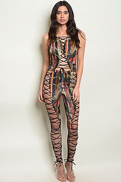 Sleeveless Multi Print Lace up Detail Jumpsuit - Pack of 6 Pieces