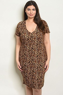 Plus Size Short Sleeve V-Neck Leopard Print Tunic Dress - Pack of 6 Pieces