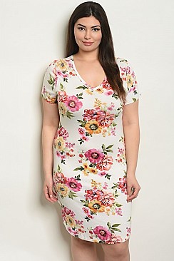 Plus Size Short Sleeve V-neck Floral Tunic Dress - Pack of 6 Pieces