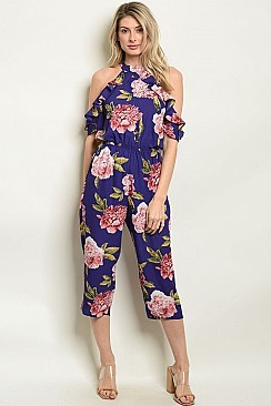 Short Sleeve Cold Shoulder Ruffled Floral Jumpsuit - Pack of 6 Pieces