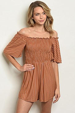 Puff Sleeve Off the Shoulder Smock Striped Romper - Pack of 6 Pieces