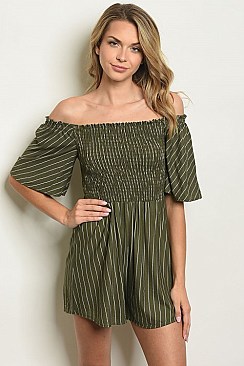 Puff Sleeve Off the Shoulder Smock Striped Romper - Pack of 6 Pieces