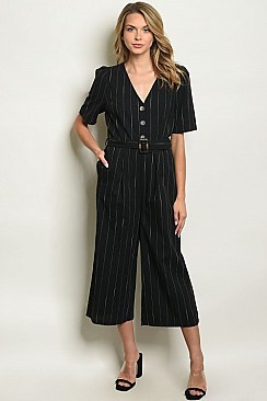 Short Sleeve V-neck Button Detail Striped Jumpsuit - Pack of 6 Pieces