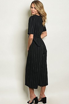 Short Sleeve V-neck Button Detail Striped Jumpsuit - Pack of 6 Pieces