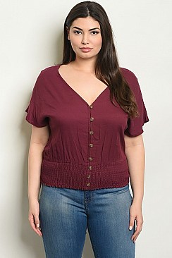 Plus Size Short Sleeve V-neck Button Detail Blouse - Pack of 6 Pieces