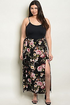 Plus Size Fitted Waist Side Slit Floral Skirt - Pack of 6 Pieces