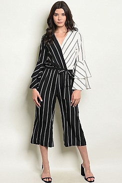 Long Bell Sleeve V-neck Striped Jumpsuit - Pack of 6 Pieces
