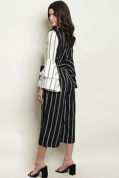 Long Bell Sleeve V-neck Striped Jumpsuit - Pack of 6 Pieces
