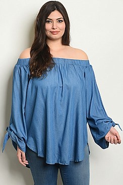 Plus Size Long Sleeve Off the Shoulder Chambray Denim Tunic Top - Pack of 6 Pieces