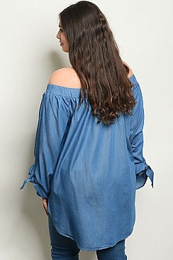 Plus Size Long Sleeve Off the Shoulder Chambray Denim Tunic Top - Pack of 6 Pieces