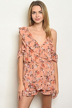 Short Sleeve Ruffled Cold Shoulder Floral Romper - Pack of 6 Pieces