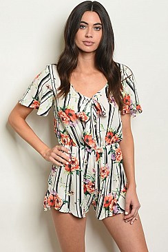 Short Sleeve V-neck Floral Striped Romper - Pack of 6 Pieces